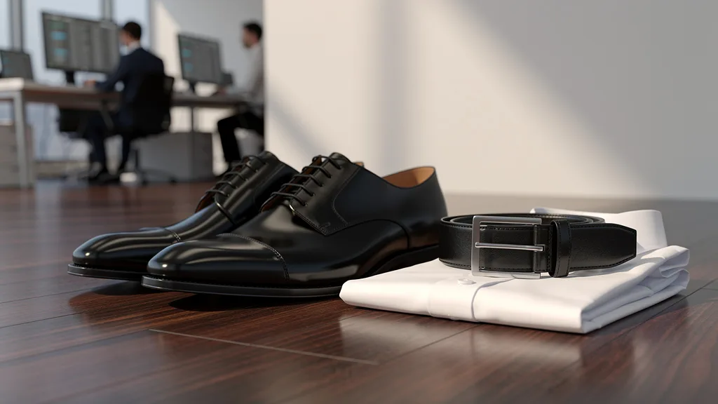 A pair of classic black oxford dress shoes and a matching black leather belt.