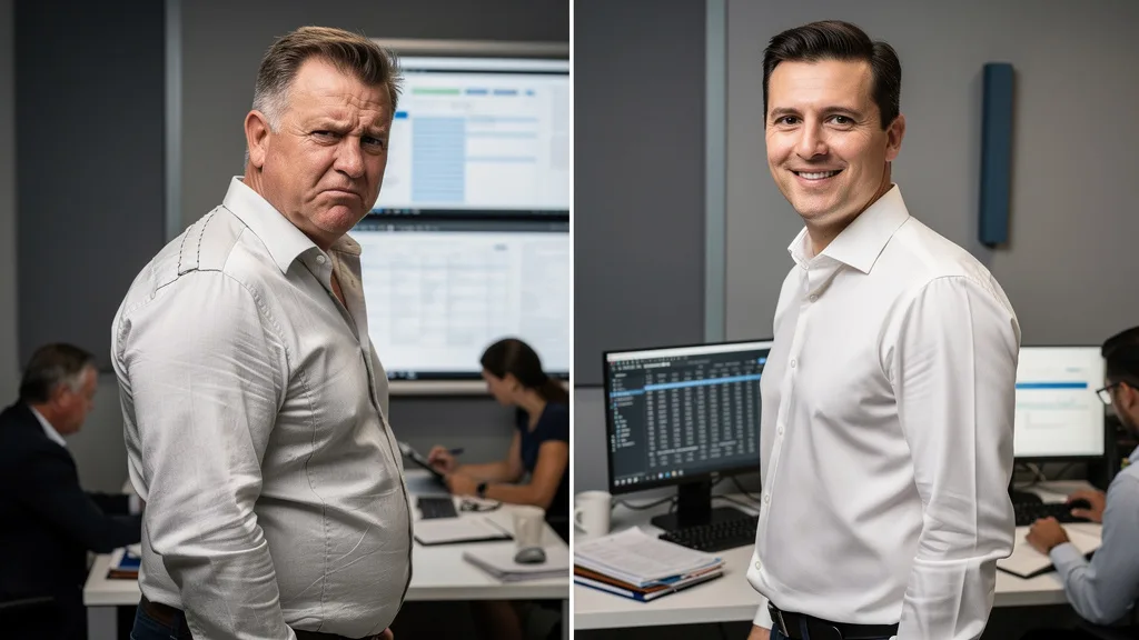 Click to manage / replace image A comparison showing a man looking uncomfortable in a cheap shirt versus confident in a premium one.