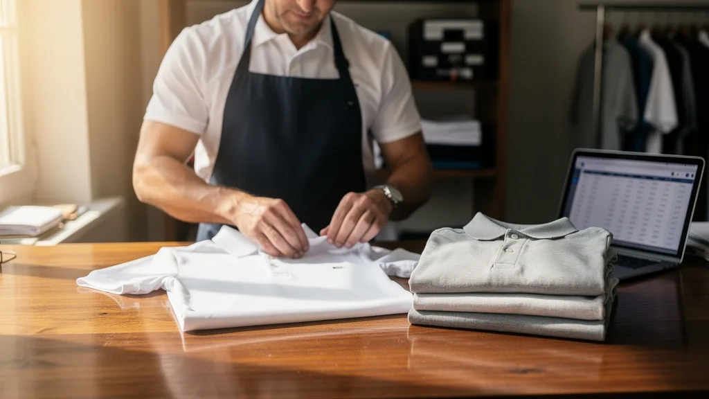 Hands carefully folding a premium white polo shirt, highlighting its quality and longevity.