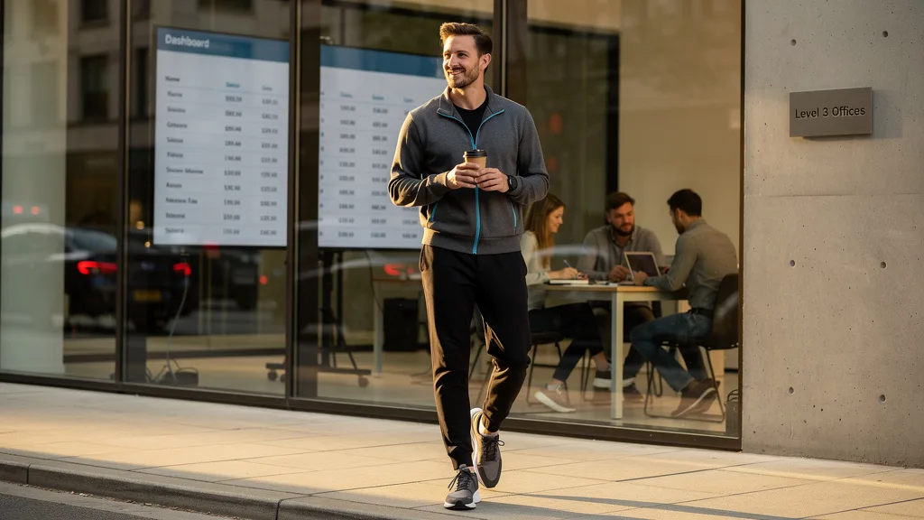 A man confidently wearing versatile black jogger pants as part of a smart casual city outfit.