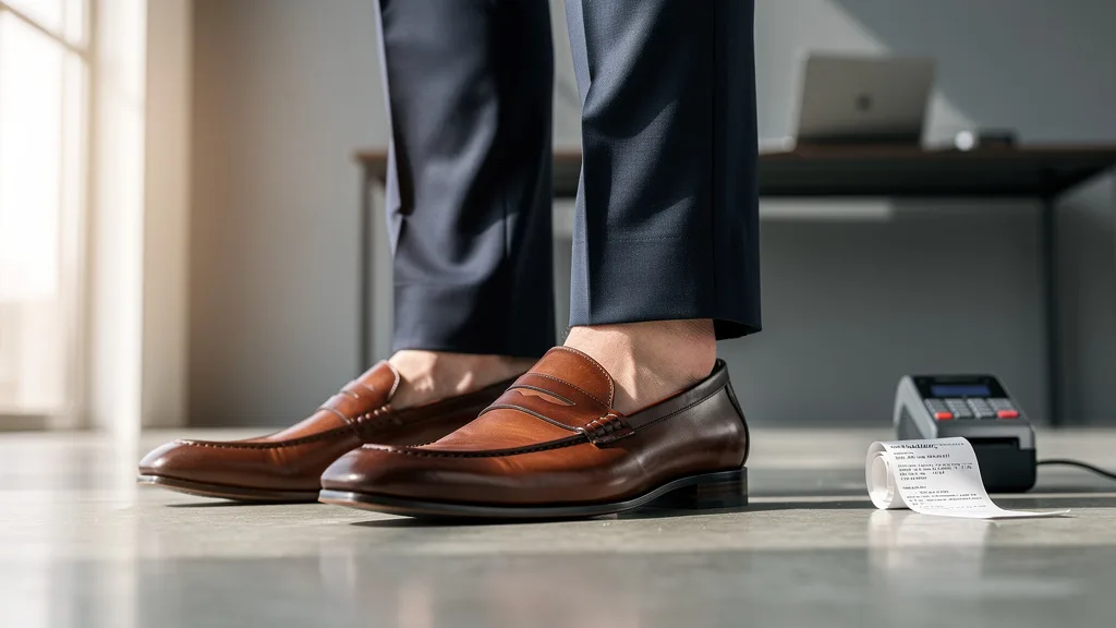 A close-up of brown leather loafers paired with tailored navy suit trousers.