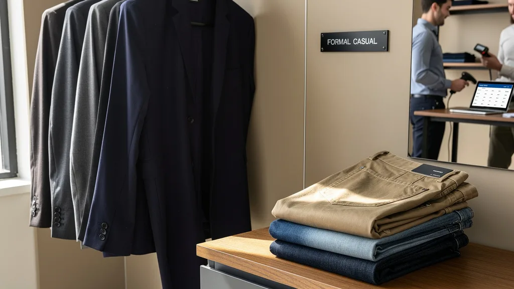 Click to manage / replace image A wardrobe organized with casual trousers folded and formal trousers hanging.