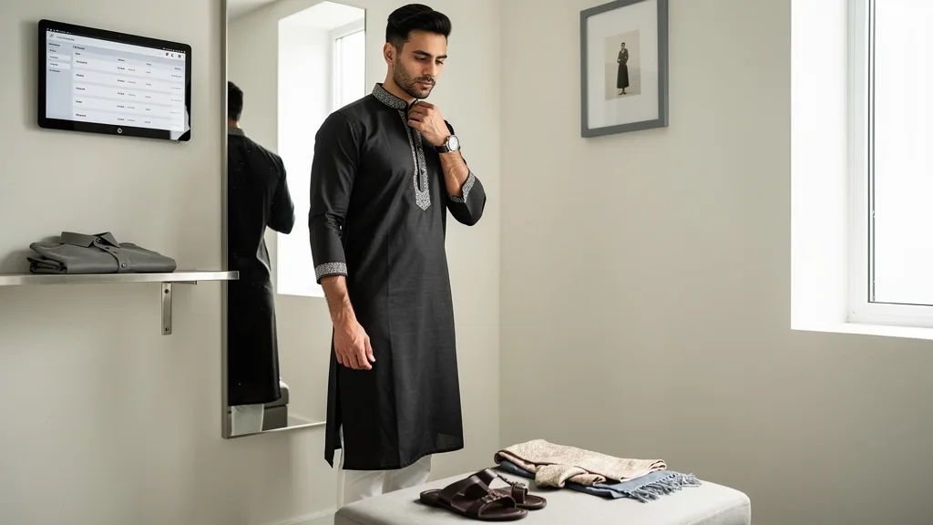 Click to manage / replace image Close-up of accessories complementing a Pathani suit, including a watch, a waistcoat, and traditional footwear.