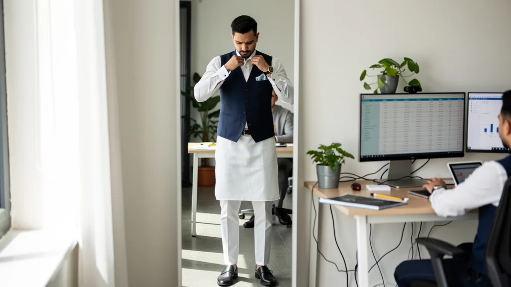 Click to manage / replace image Man adjusting his navy waistcoat over a white kurta in a mirror.