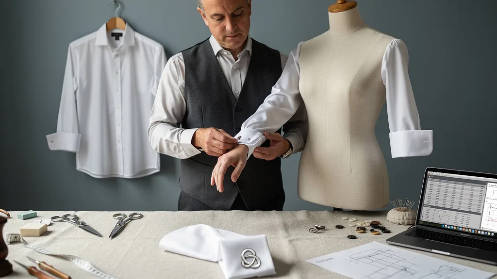 Man in a closet holds a blue shirt with barrel cuffs and a white shirt with French cuffs.
