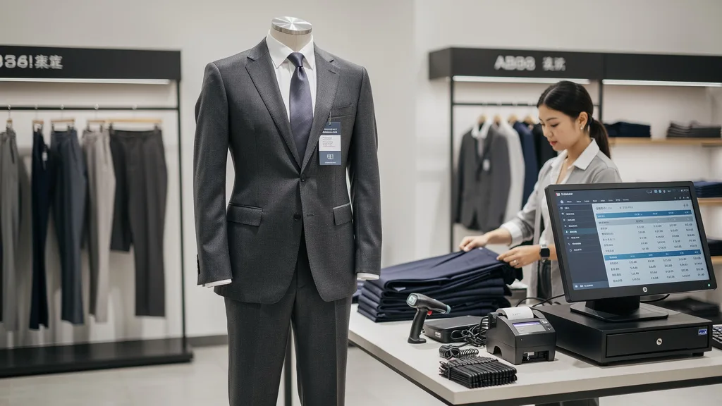 A mannequin displaying a formal suit with matching dress pants and jacket.