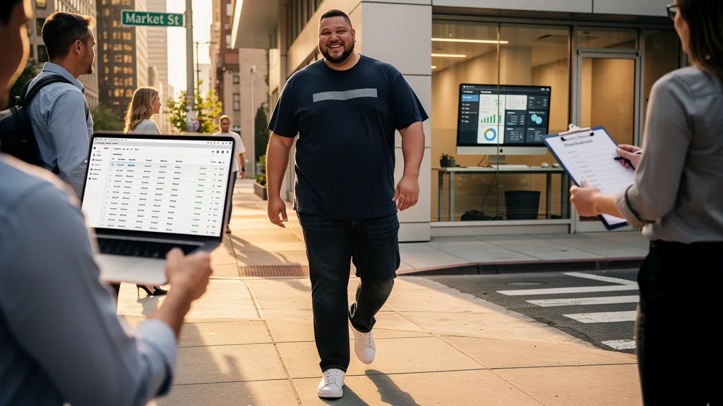 Click to manage / replace image A man wearing a stylish and well-fitting 4XL t-shirt in a city setting.