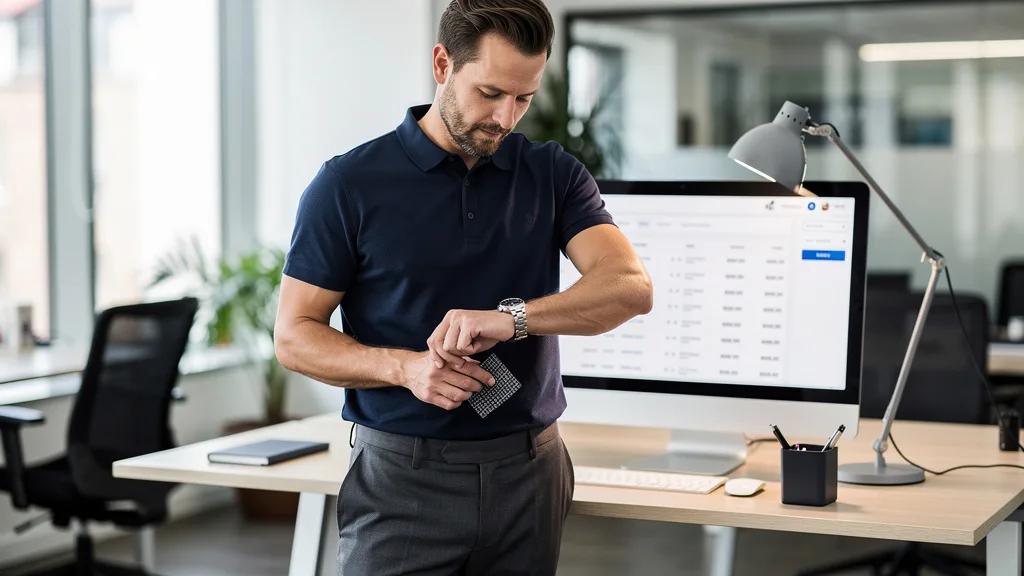 A man in a modern office wearing a polished casual outfit of chinos and a premium polo shirt.