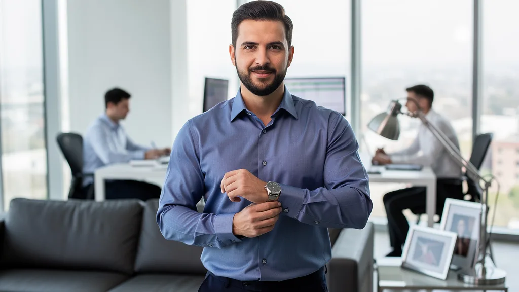 Click to manage / replace image A man looking stylish and confident in a well-fitted premium shirt.