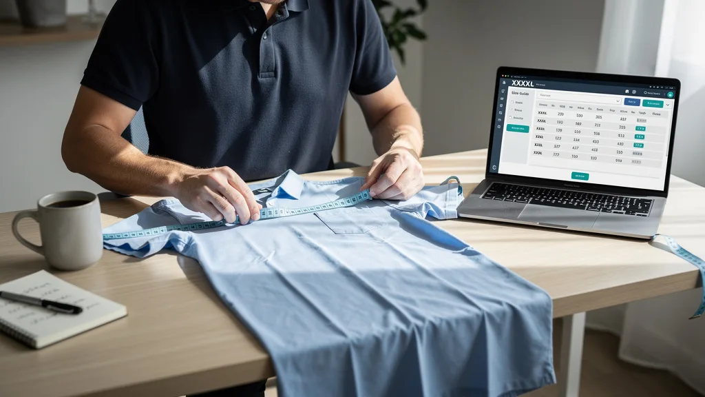 A person carefully measures a shirt while cross-referencing an online size guide on their laptop.