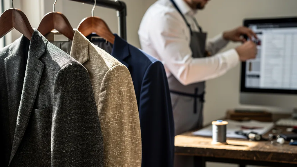 Click to manage / replace image A side-by-side comparison of wool, linen, and cotton suits on a clothing rack.