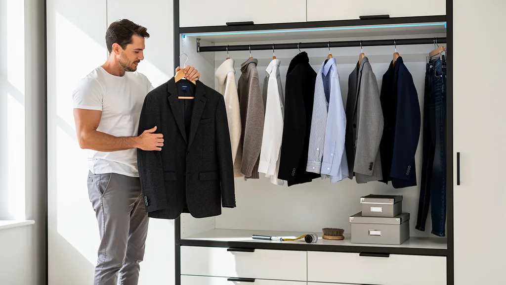 Man selecting an outfit from his curated 5-4-3-2-1 capsule wardrobe.