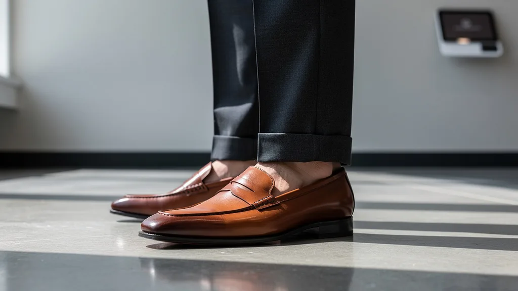 A close-up of a man wearing stylish leather loafers with tailored trousers.