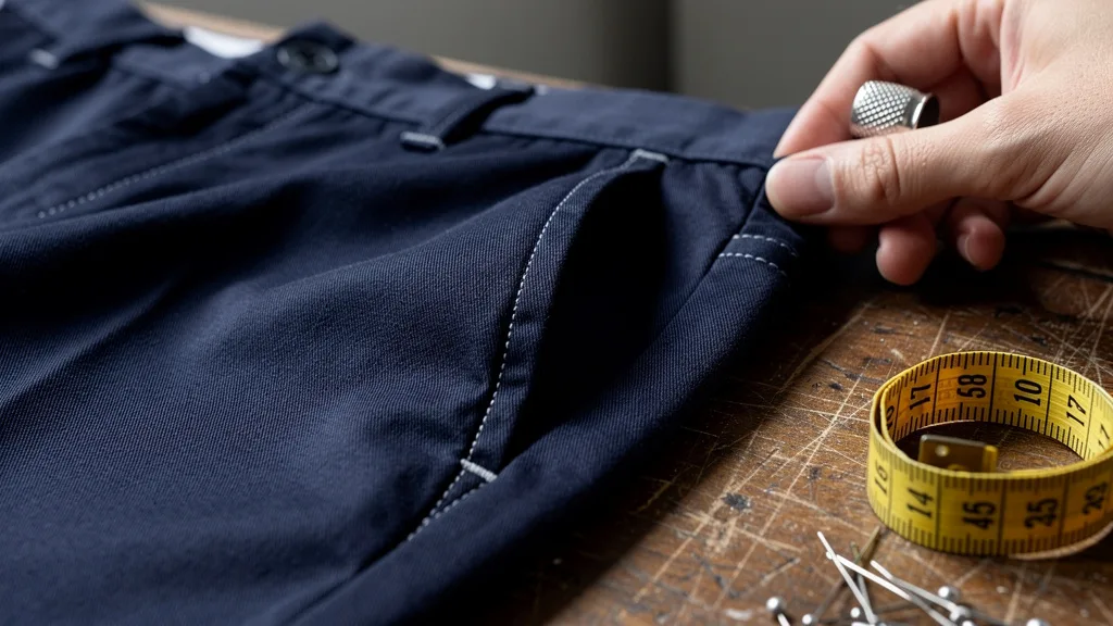Detailed view of the lightweight cotton twill fabric and fine stitching on a pair of navy chinos.
