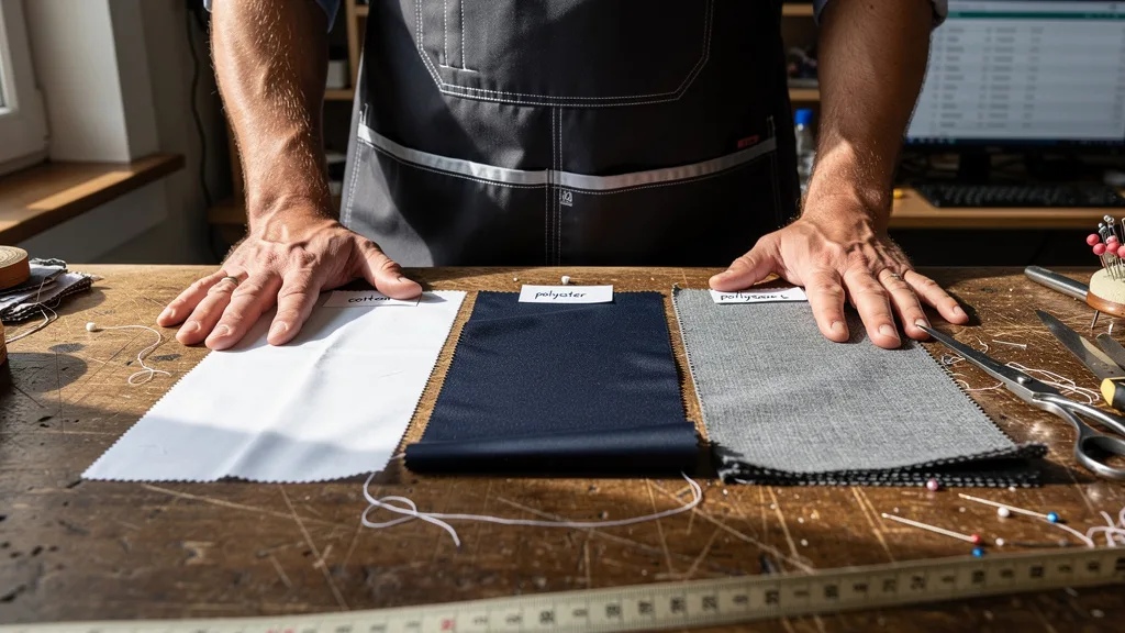 Click to manage / replace image Fabric swatches of cotton, polyester, and a blend laid out for comparison on a table.