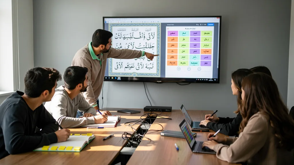 People doing real work about Quranic Arabic, with tools or a screen showing working data,, overview and key steps