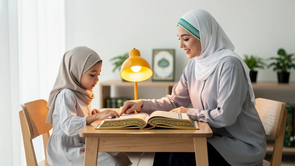An experienced online female Quran teacher patiently explains a verse during a lesson.