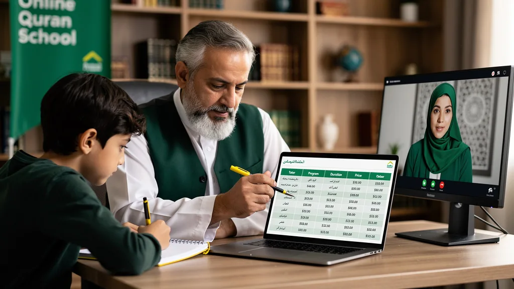 A laptop screen showing a comparison of different online Quran schools.