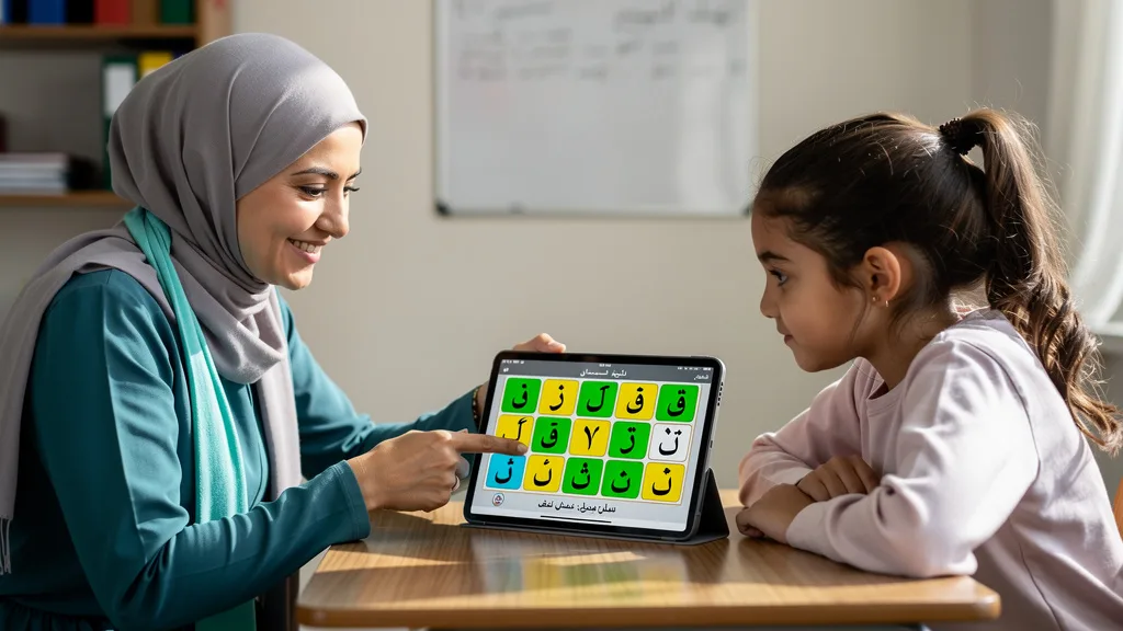 A female teacher patiently guiding a young girl through the Noorani Qaida on a tablet.