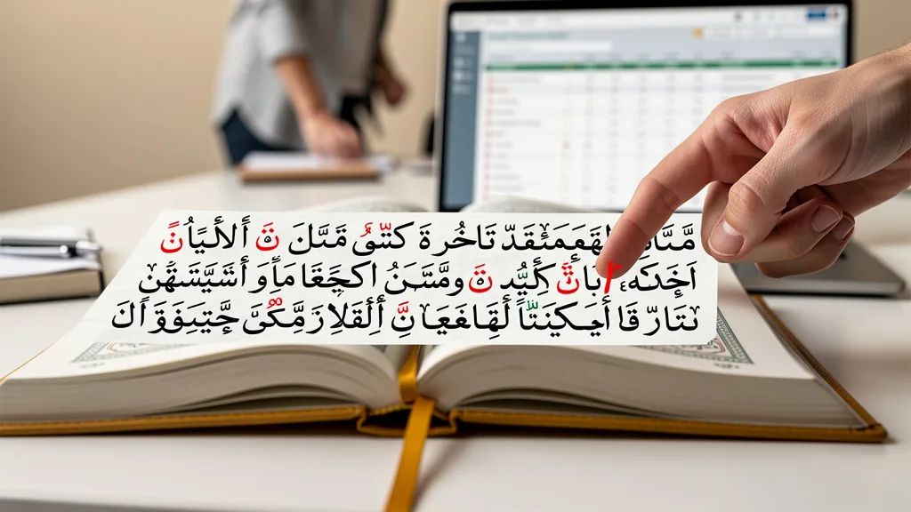 Click to manage / replace image Close-up view of the tashkeel or harakat vowel marks on an Arabic script page in the Quran.