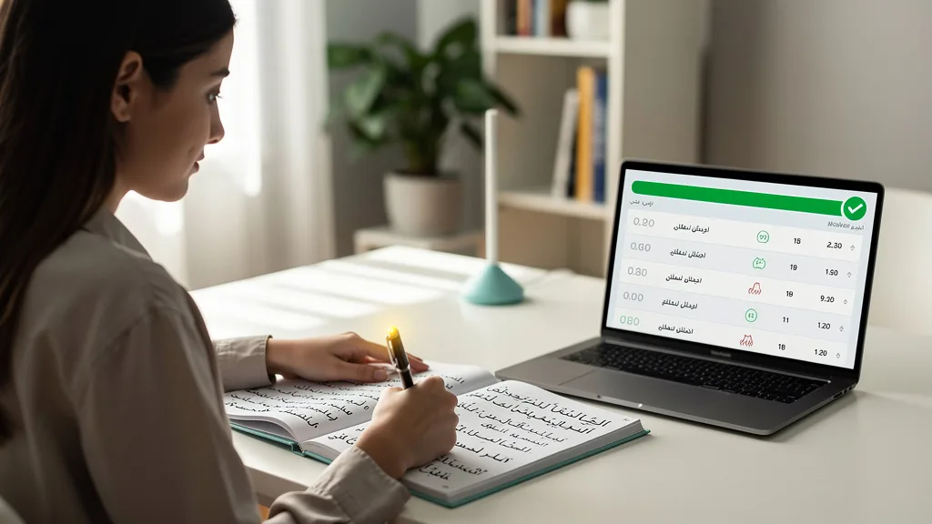 A student feeling accomplished after completing a paid online Arabic lesson shown on her laptop.