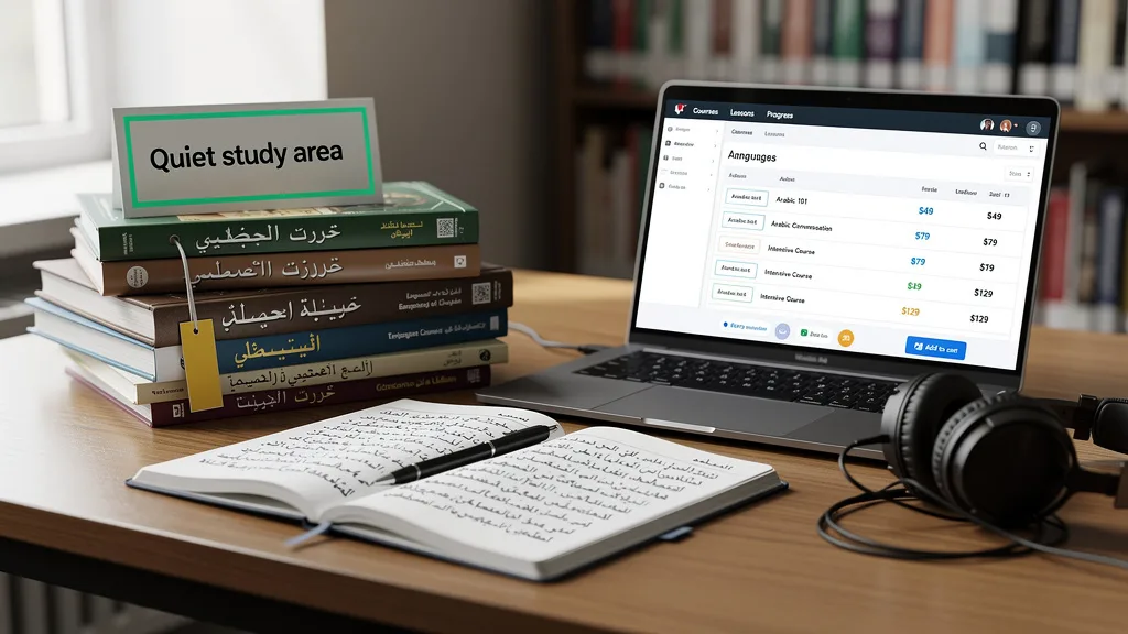 A collection of Arabic textbooks and digital learning resources on a study desk.
