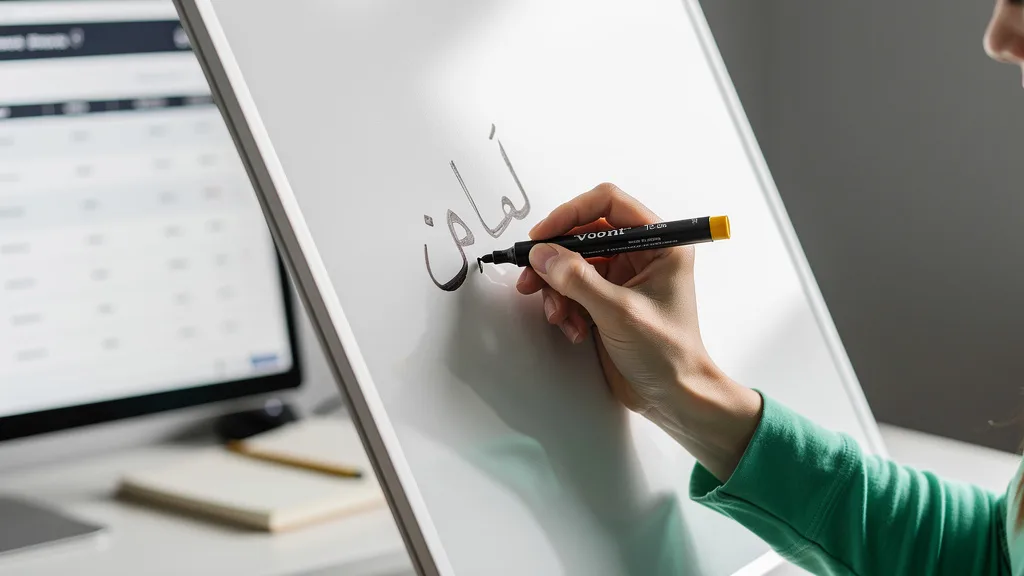 A hand writing connected Arabic letters on a whiteboard to show how letter forms change within a word.