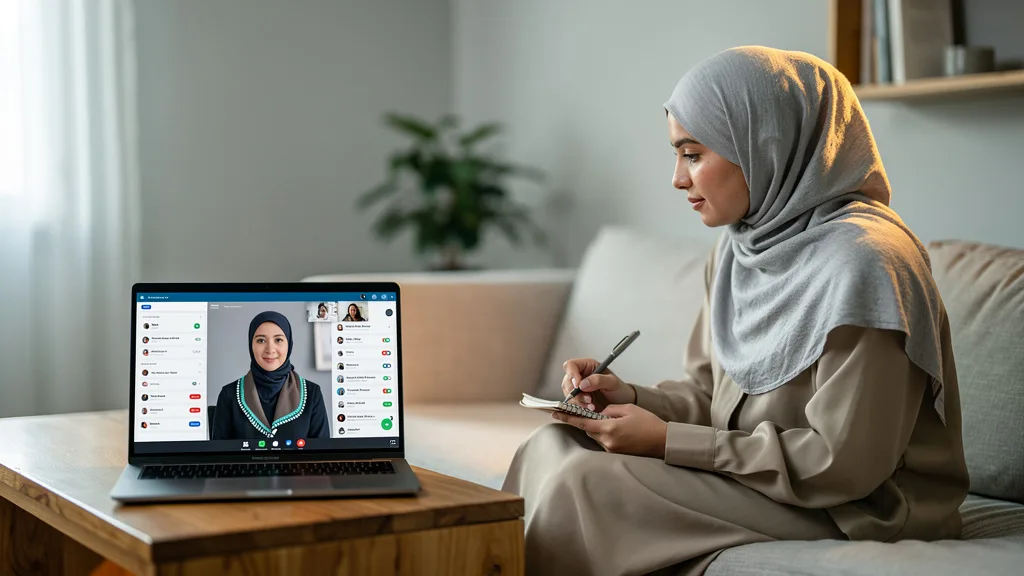 A woman learning Quran from a female teacher via a video call on her laptop at home.