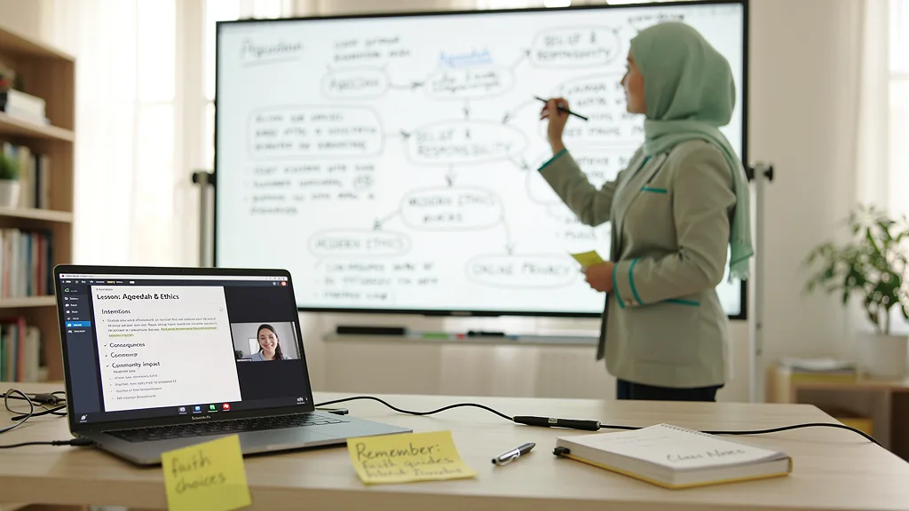 An instructor using a digital whiteboard to connect classical Islamic studies with modern life for her online student.