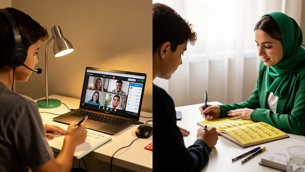 Click to manage / replace image A visual comparison of a group online Arabic class versus a private tutoring session.