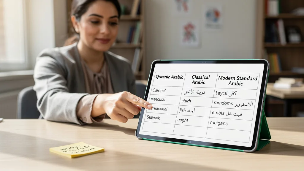 A tablet displaying a comparison of Quranic, Classical, and Modern Standard Arabic.