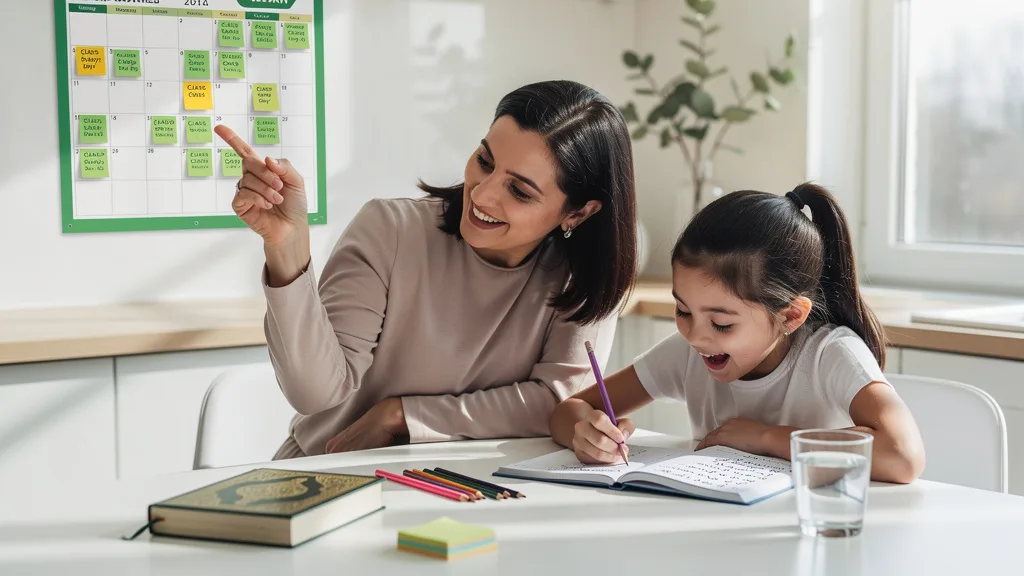 A mother and daughter planning a consistent study routine for Quran classes on a calendar.