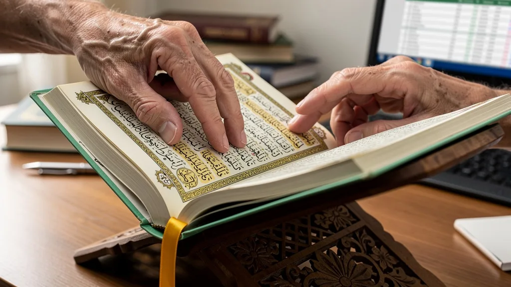 A pair of hands gently tracing the Arabic script in an open Quran