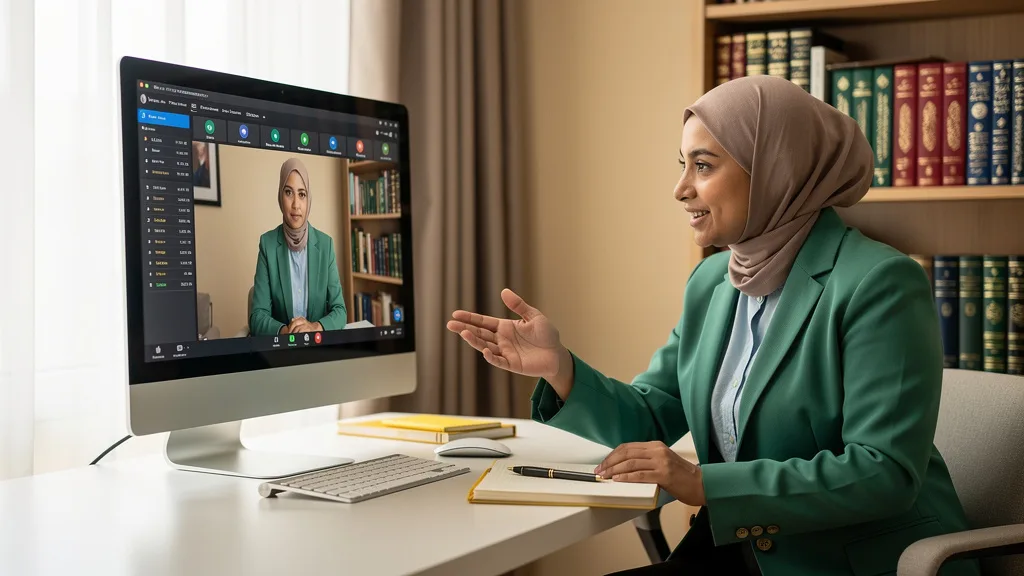 Click to manage / replace image A female teacher and an adult student having a mentoring session during an online class.