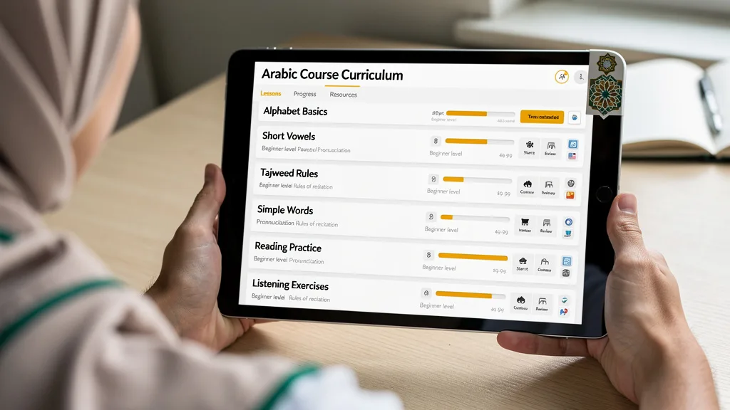 A structured curriculum for an online Arabic course displayed on a tablet screen.