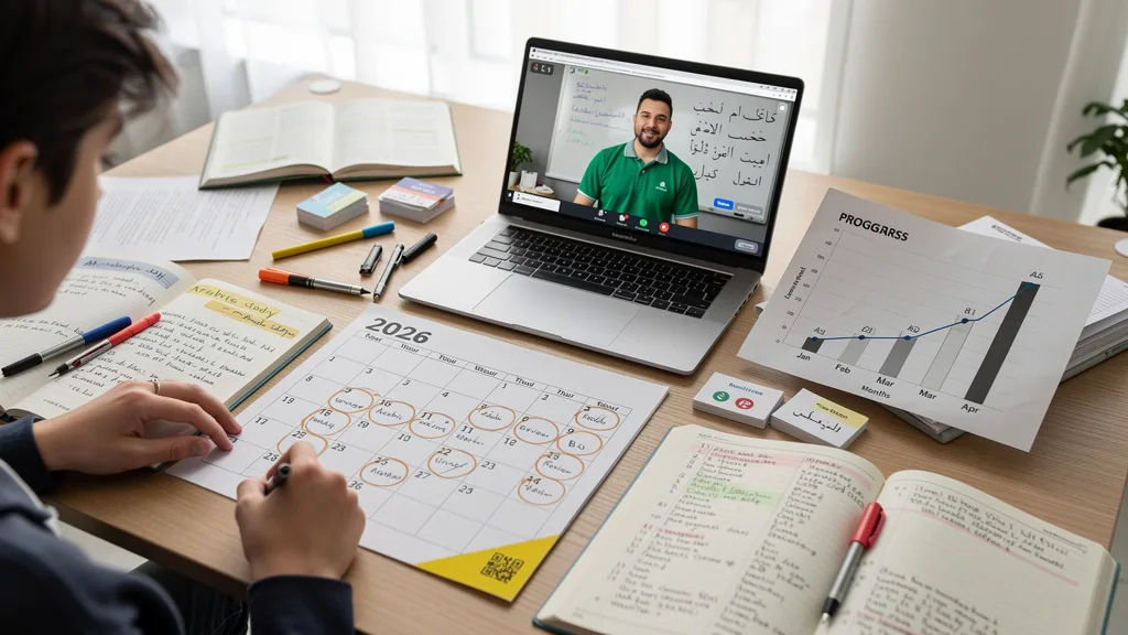 A 2026 calendar and progress chart illustrating the time investment for learning Arabic.