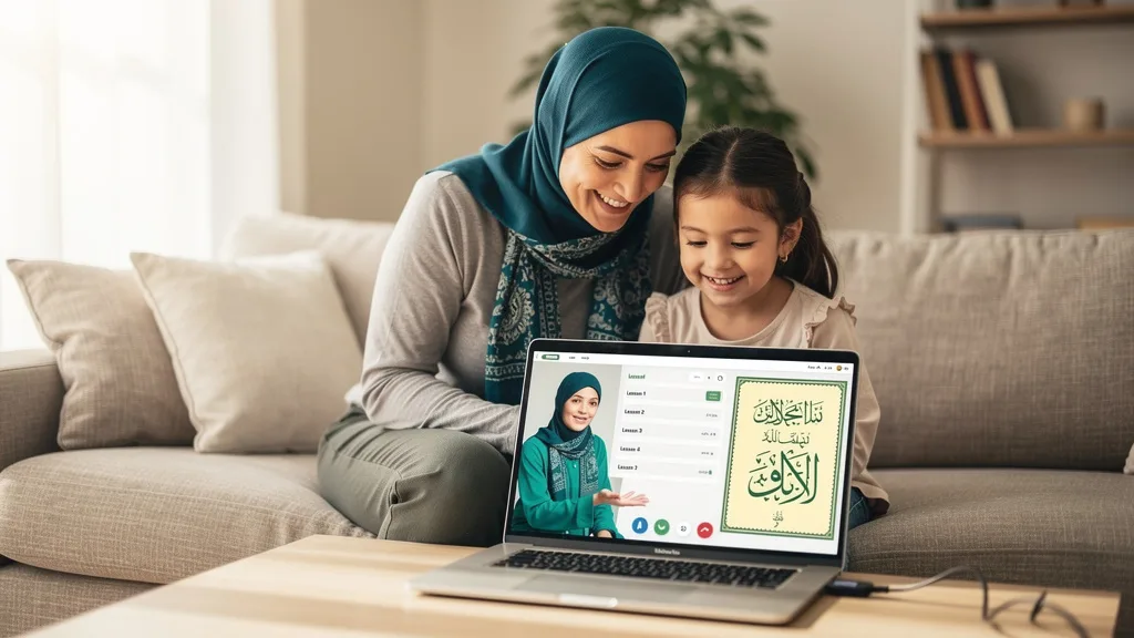 A mother and daughter happily learning the Quran online from a certified Azhar graduate teacher in their home.