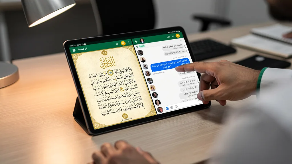 Click to manage / replace image A visual comparison between Classical Quranic Arabic and a modern Arabic dialect on a screen.