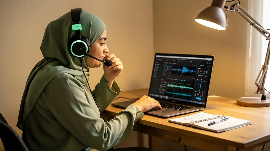 Click to manage / replace image A woman checks her audio and video settings on her laptop before her online Quran class.