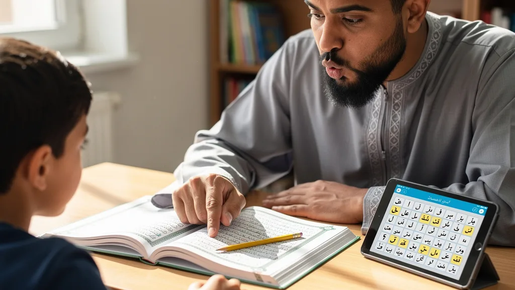 Click to manage / replace image An online Arabic tutor demonstrating correct pronunciation of a guttural letter to a student.
