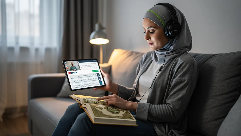An adult female student engaging in a private online Quran lesson on a tablet from her living room.