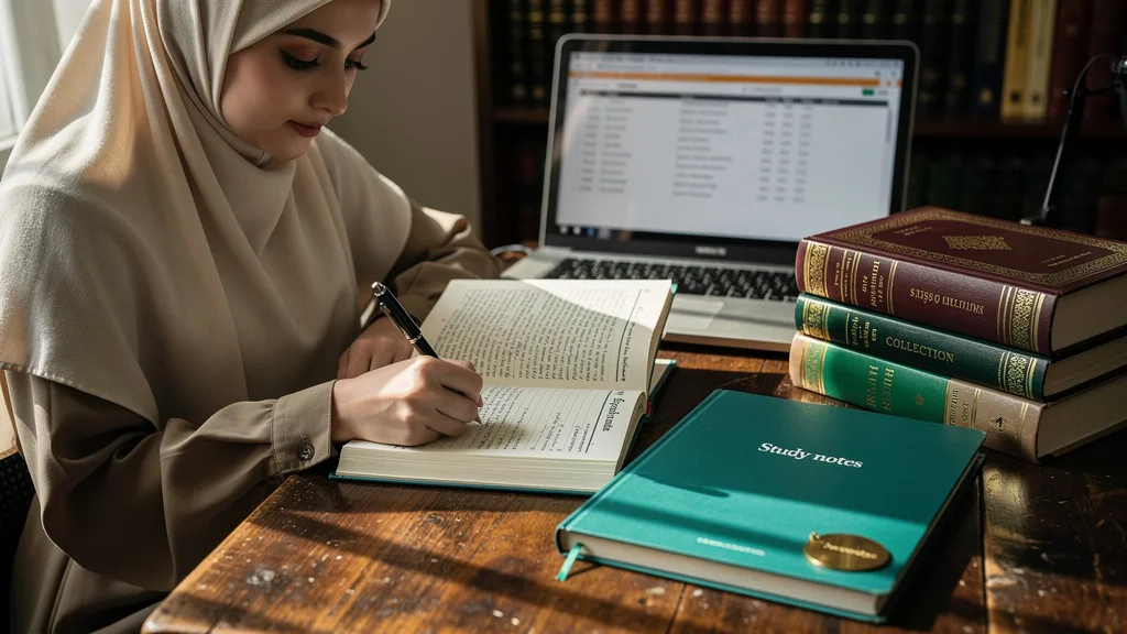 A student of Islamic knowledge studying classical Arabic texts, accessing a wider scope of information.