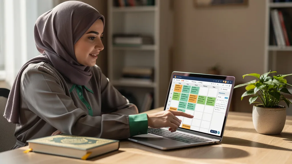 A digital calendar displays consistent, recurring weekly Quran lessons with the same teacher.