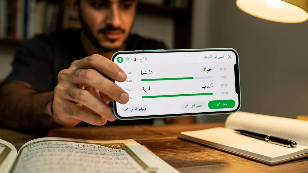 Smartphone screen showing a spaced repetition system for Quranic Arabic vocabulary.