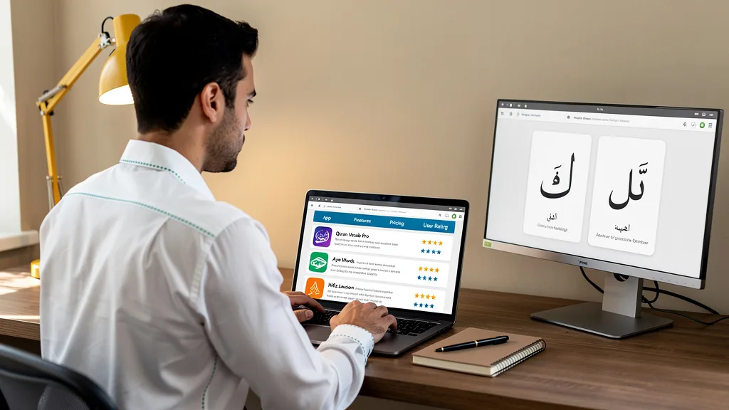 A side-by-side comparison of different Quranic vocabulary trainer app features on a computer screen.