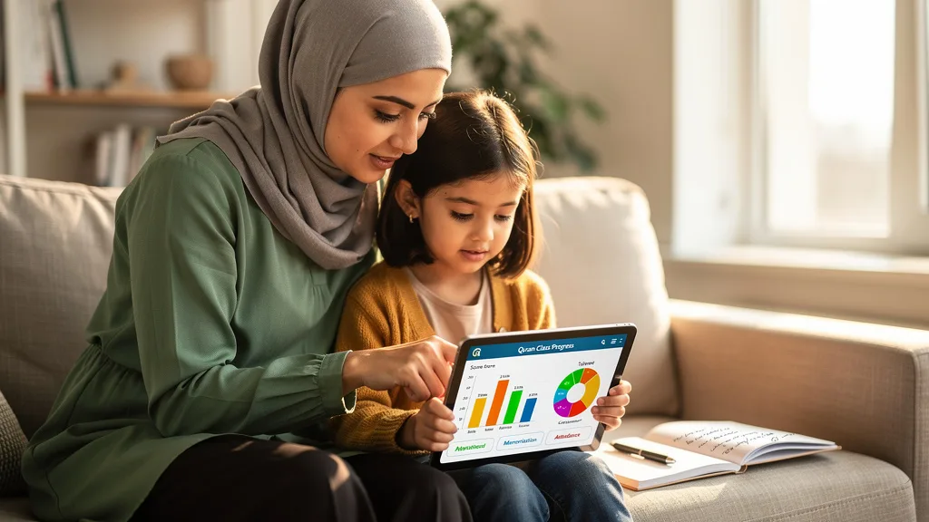 A mother and daughter review a digital Quran class progress report on a tablet.