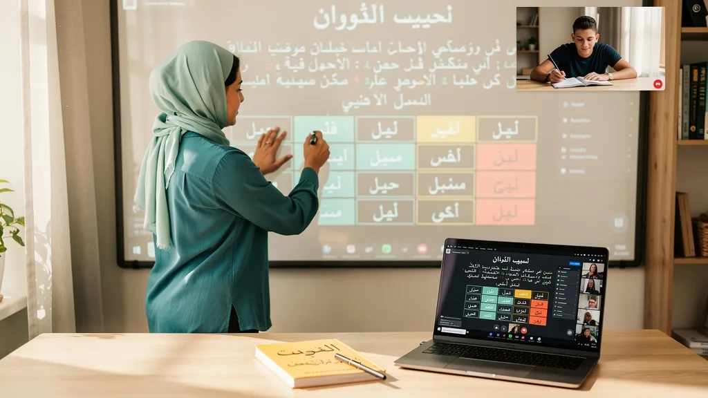 An online Arabic language course showing a teacher explaining grammar rules.