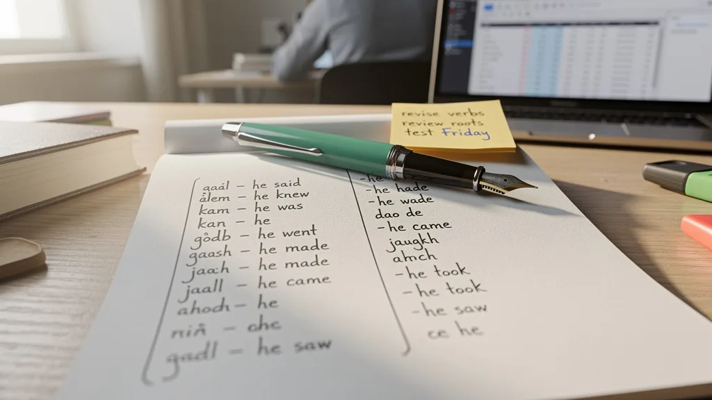 A study notebook with a list of high-frequency Quranic Arabic words for beginners.