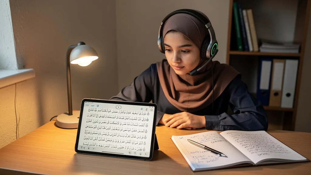 A young student ready for her online Quran class in a quiet, dedicated learning space.