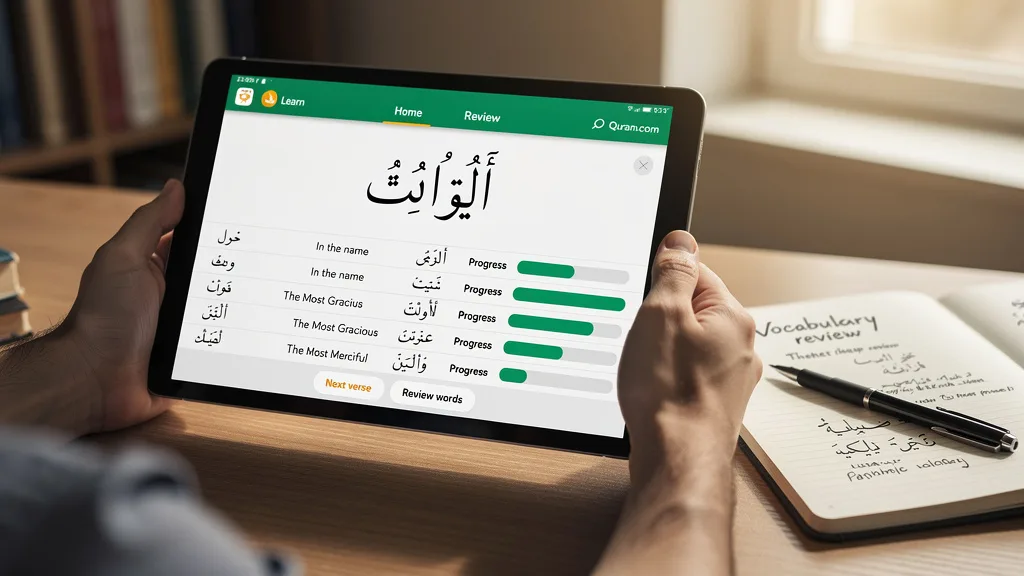 The interface of the Quranic by Quran.com app showing vocabulary learning in the context of a verse.